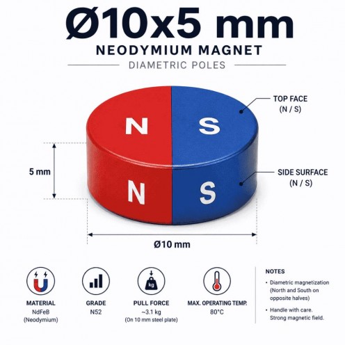 Ø10x5 mm N35 Çapsal Kutup Neodyum Mıknatıs -   N | S
