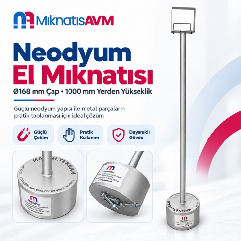 Ø168x1000 Neodyum El Mıknatısı - Geniş Çekim Yüzeyi, 100 kg Güç