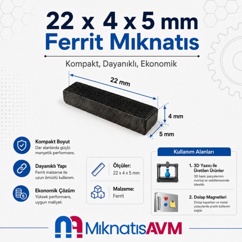 22x4x5 mm Y35 Ferrit Mıknatıs - 3 Boyutlu Yazıcı, Buzdolabı Magneti, Hediyelik Eşya