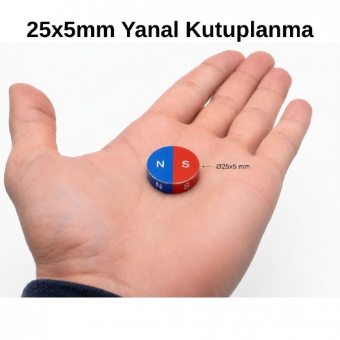 Ø25x5 mm N35 Çapsal Kutup Neodyum Mıknatıs - (Yanal Kutup)