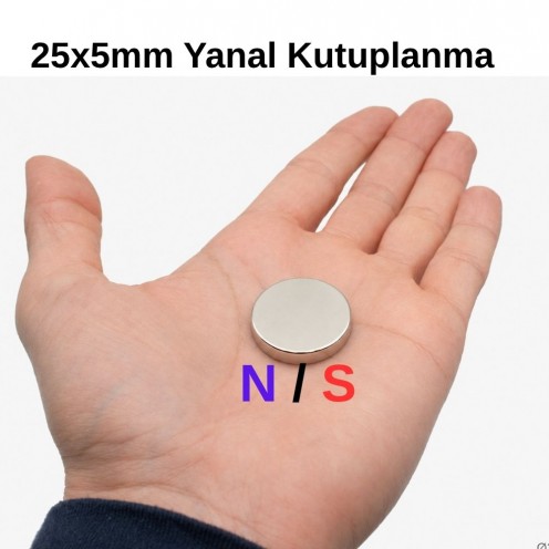 Ø25x5 mm N35 Çapsal Kutup Neodyum Mıknatıs - (Yanal Kutup)