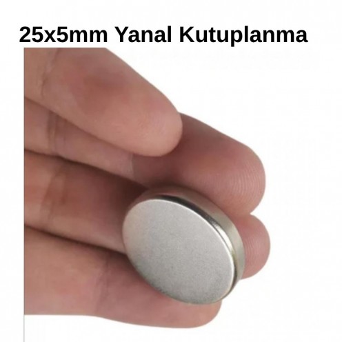 Ø25x5 mm N35 Çapsal Kutup Neodyum Mıknatıs - (Yanal Kutup)