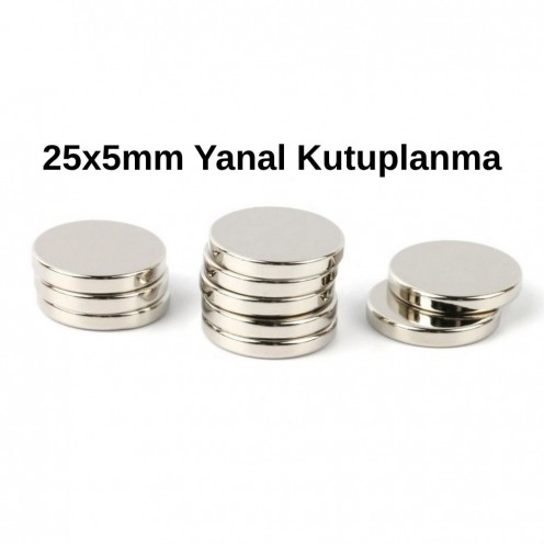 Ø25x5 mm N35 Çapsal Kutup Neodyum Mıknatıs - (Yanal Kutup)