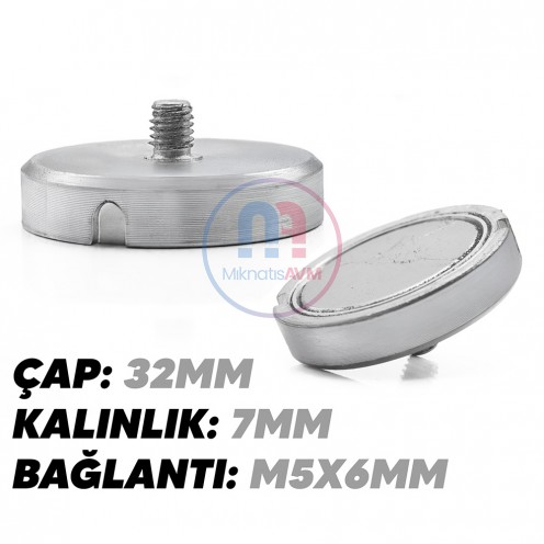 32x7 mm M5x6 Erkek Bağlantılı Neodyum Pot Mıknatıs – Yüksek Çekim Gücü, Kompakt Tasarım, Endüstriyel Kalite