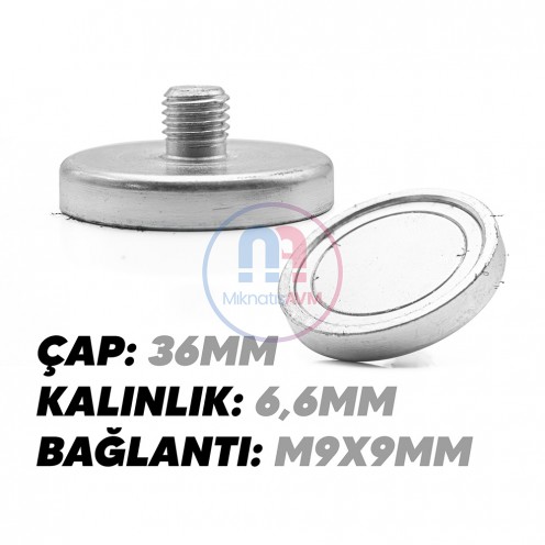 36x6.6 mm Neodymium Pot Magnet with M9x9 Male Thread – Strong Magnetic Grip, Compact Design, Industrial Quality