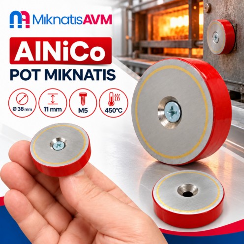 Ø38x11 mm M5 Alnico Pot Mıknatıs - Yüksek Sıcaklıkta Çalışmaya Uygun