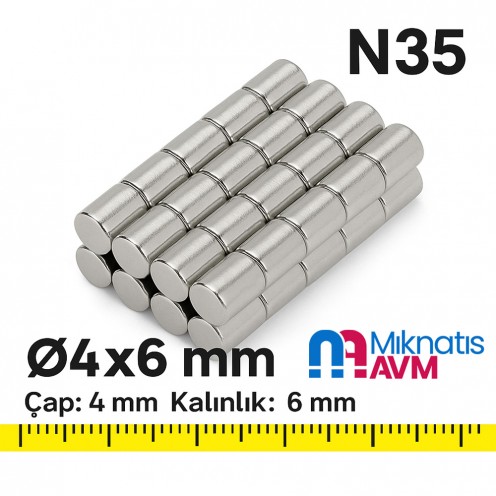 Ø4x6 mm Neodyum Silindirik Mıknatıs Ø4x6 mm Neodyum Silindirik Mıknatıs