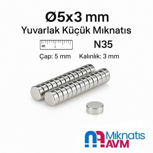Ø5x3 mm Yuvarlak Küçük Mıknatıs - 5 mm x 3 mm - Neodyum Ø5x3 mm Yuvarlak Küçük Mıknatıs - 5 mm x 3 mm - Neodyum