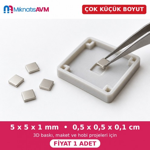 5x5x1 mm Kare Neodyum Mıknatıs N38 (En 5 mm, Boy 5 mm, Kalınlık 1 mm) - Mini İnce Mıknatıs