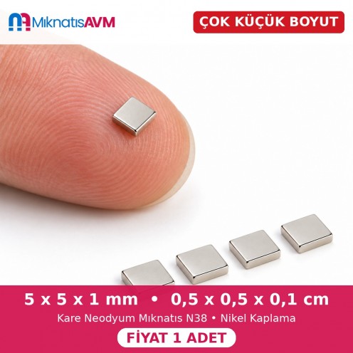 5x5x1 mm Kare Neodyum Mıknatıs N38 (En 5 mm, Boy 5 mm, Kalınlık 1 mm) - Mini İnce Mıknatıs