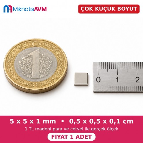 5x5x1 mm Kare Neodyum Mıknatıs N38 (En 5 mm, Boy 5 mm, Kalınlık 1 mm) - Mini İnce Mıknatıs