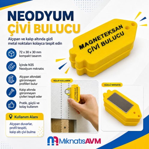 72x30x30 mm Neodyum Çivi ve Profil Bulucu Alçıpan Mıknatısı - N35 Yüksek Çekim Gücü