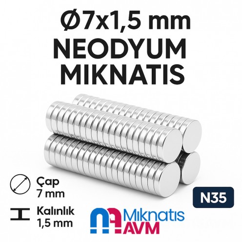 Ø7x1,5 mm Neodyum Mıknatıs - Yuvarlak Disk Mıknatıs Ø7x1,5 mm Neodyum Mıknatıs - Yuvarlak Disk Mıknatıs