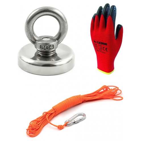 Ø80 mm Fishing Magnet - Kancalı Kurtarma Mıknatısı - Neodyum Deniz Mıknatısı - Halkalı Mıknatıs - Karabina -25 Metre 6mm Fosforlu Halat Set 
