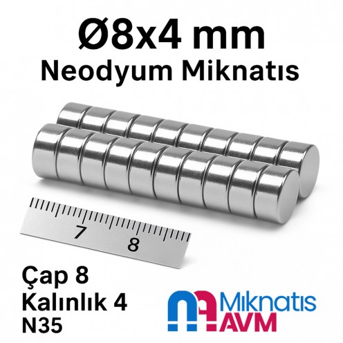 Ø8x4 mm Neodyum Mıknatıs (Çap 8 mm, Kalınlık 4 mm) Neodyum Mıknatıs D 8x4 mm Hobi Mıknatısı - 8 mm Çap x 4 mm Kalınlık
