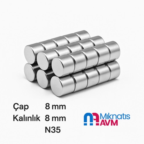 8x8 mm Neodyum Mıknatıs (Çap 8 mm, Kalınlık 8 mm) Ø8x8 mm Neodyum Mıknatıs (Çap 8 mm, Kalınlık 8 mm)