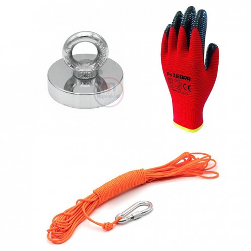 Ø90 mm Neodymium Fishing Magnet – 200 kg Pull Force – Saltwater Resistant Magnet + 25 m Rope + Carabiner Hook + Gloves Set