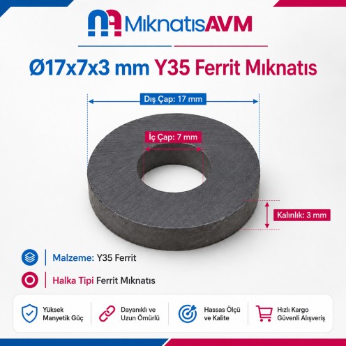 Çap 17 mm İç Çap 7 mm Kalınlık 3 mm Y35 Ferrit Halka Mıknatıs