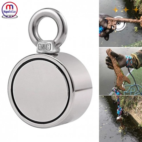 Çift Taraflı (Double Sided) Pot Mıknatıs Ø70 mm Fishing Magnet - 360° Çekim Gücü - 150-200 kg - Deniz Mıknatısı