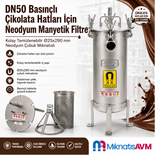 Çikolata Hatları İçin Neodyum Manyetik Filtre - DN50 Kolay Temizlenebilir Ø25x290 mm Neodyum Çubuk Mıknatıslı