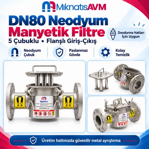 DN80 Ø25x160 mm Neodyum Filtre Mıknatıs - Dondurma Hatları İçin Özel Tasarım