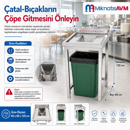 Endüstriyel Mutfak ve Yemekhane Manyetik Tutucu – Çöp Kovasına Düşen Çatal Bıçakları Yakalar